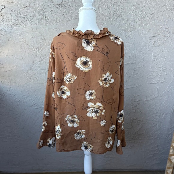 Apostrophe Woman Brown Floral Ruffle Blouse Plus Size 20W Long Sleeve - Picture 2 of 8